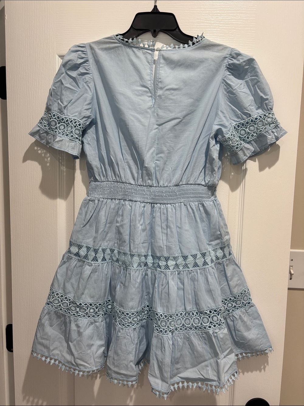 Light Blue Lace-Trim V-Neck Tiered Mini Dress - Picture 2 of 3